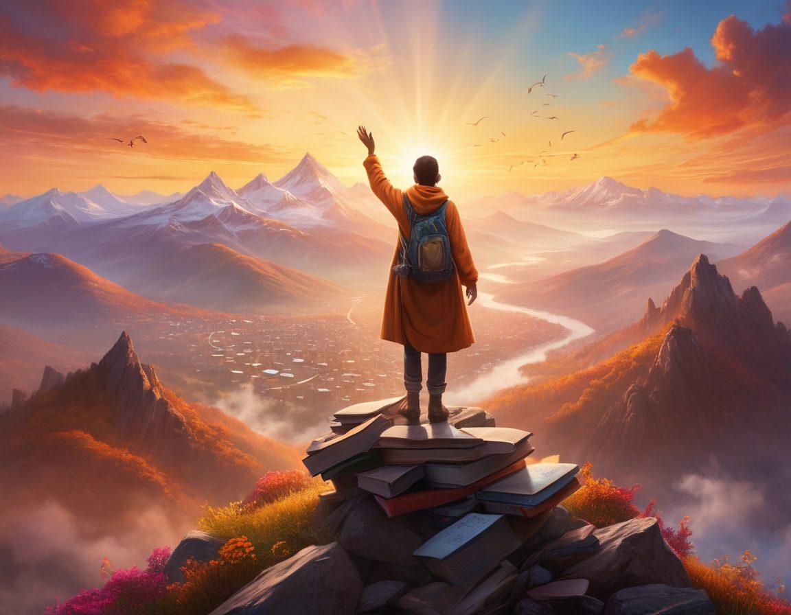 A resilient individual standing triumphantly on a mountain peak, overlooking a vibrant landscape symbolizing hope and empowerment. Surround the figure with supportive elements like books, hands reaching out, and symbols of advocacy. Include a bright sunrise to represent new beginnings and possibilities. Incorporate diverse figures in the background representing community and support. super-realistic. vibrant colors. uplifting atmosphere.