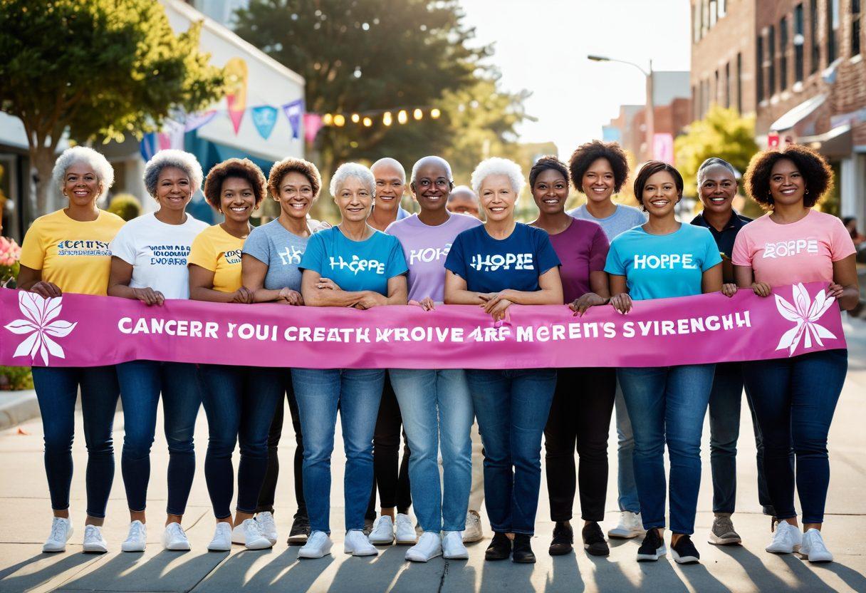 A diverse group of cancer survivors standing together, each holding a symbol of strength and hope, like ribbons or flowers. In the background, a supportive community with banners promoting cancer awareness. Soft, warm lighting to evoke a feeling of empowerment and unity. The scene should convey resilience, hope, and community spirit. vibrant colors. super-realistic.